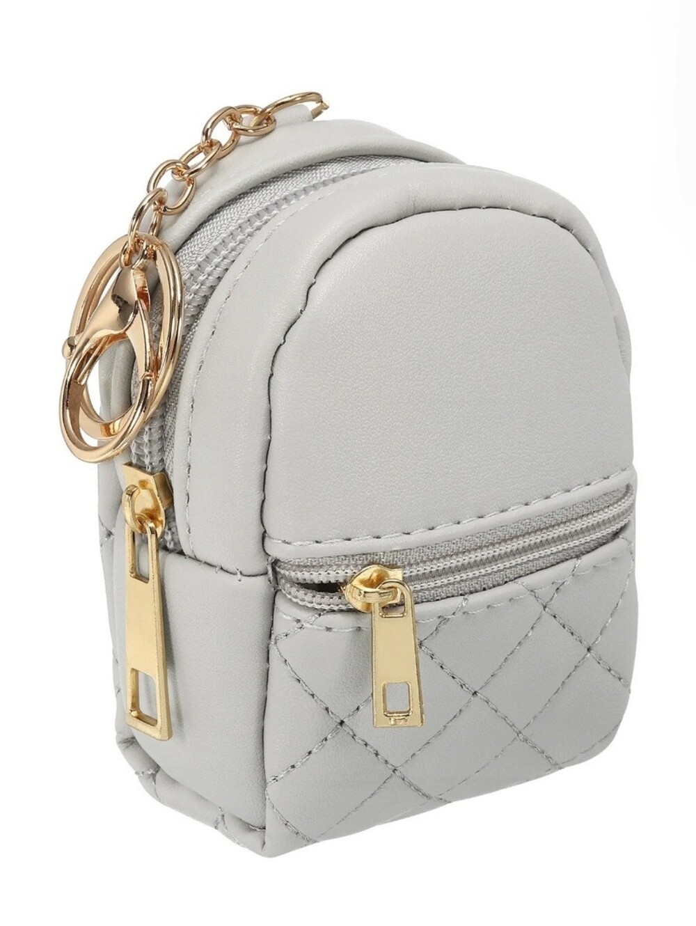 Gray Quilted Mini Backpack Keychain with Gold Hardware